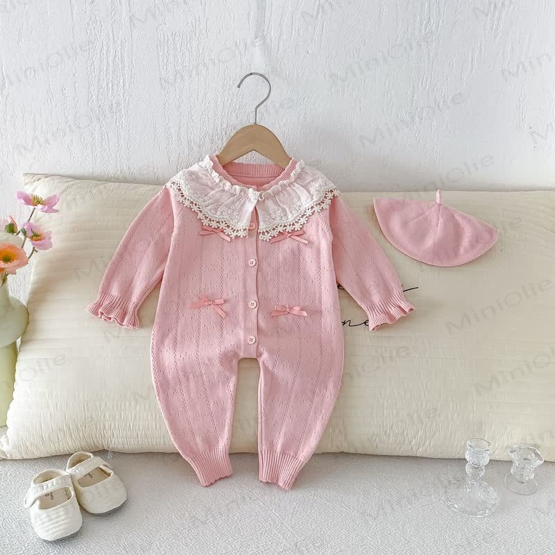Baby Lace Collar Knit Long Sleeve Romper with Hat - Pink - 18-24M - image 8