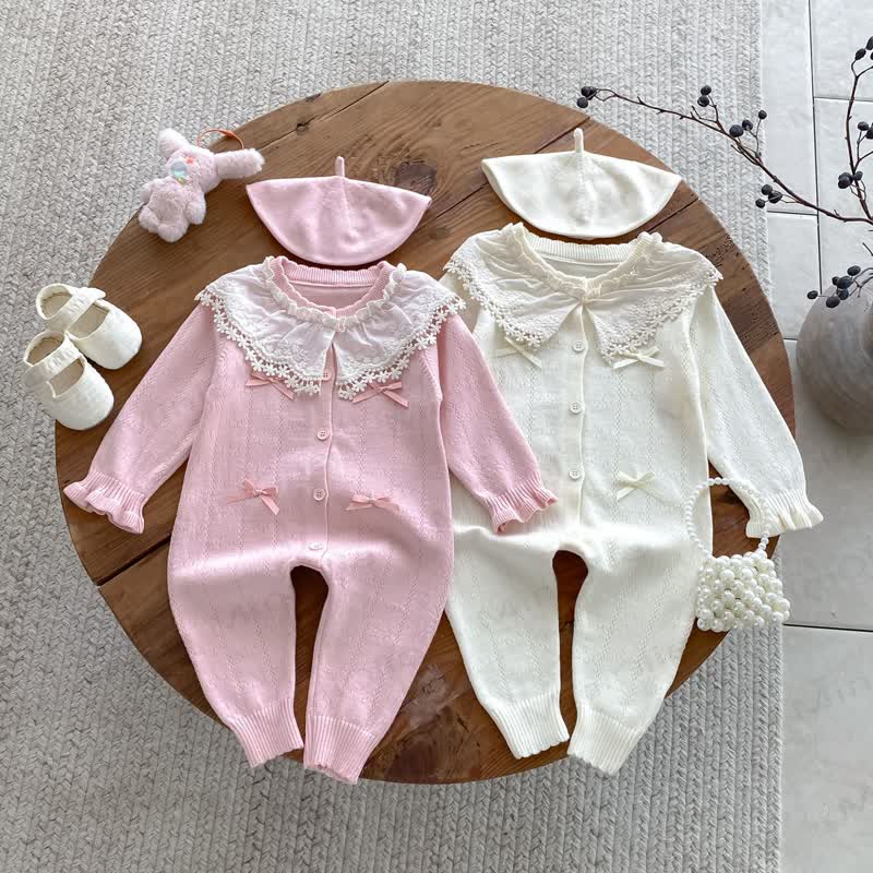 Baby Lace Collar Knit Long Sleeve Romper with Hat - image 4