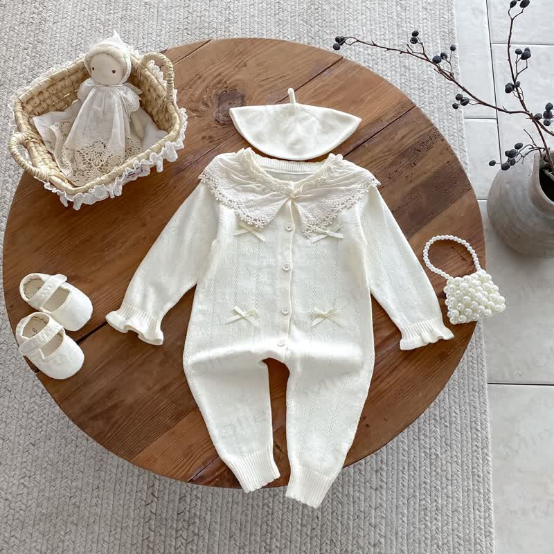 Baby Lace Collar Knit Long Sleeve Romper with Hat - image 7