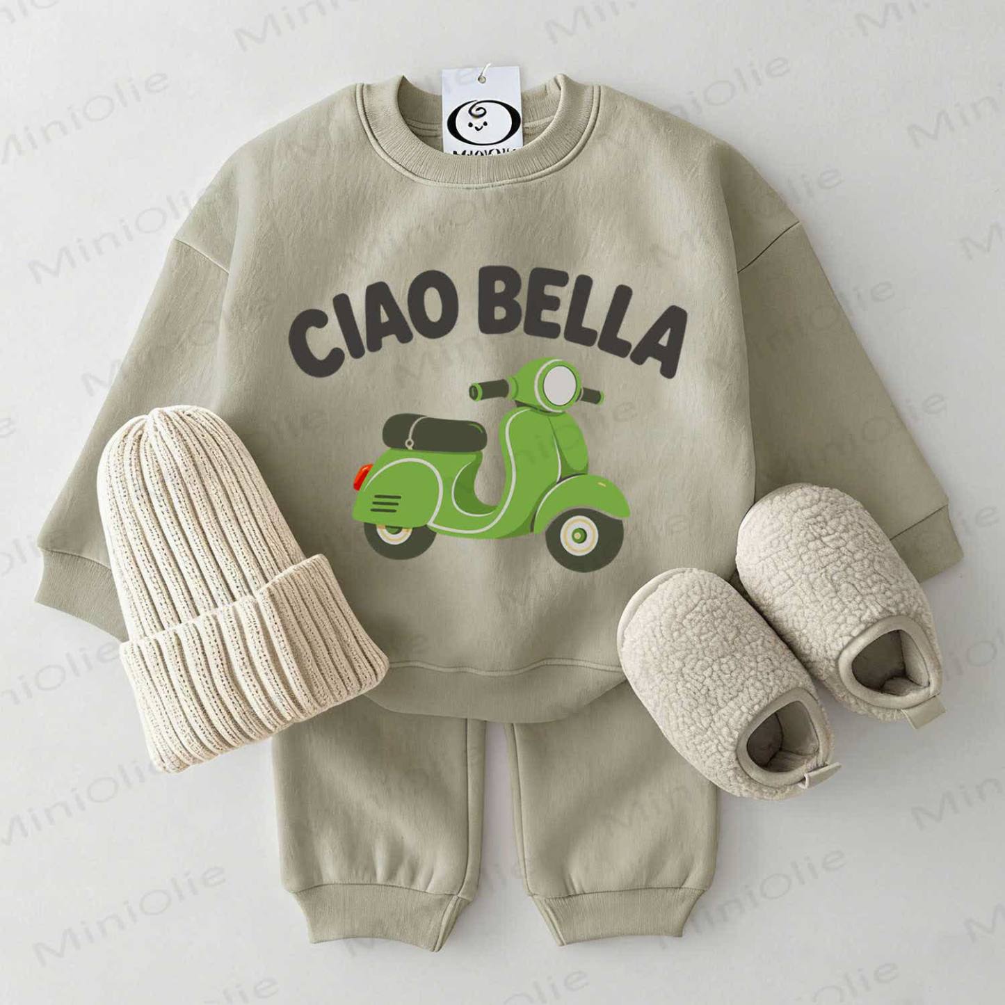 CIAO BELLA Baby Scooter Print Sweatsuit 2-piece Set - Grey Green - 2-3T - image 1