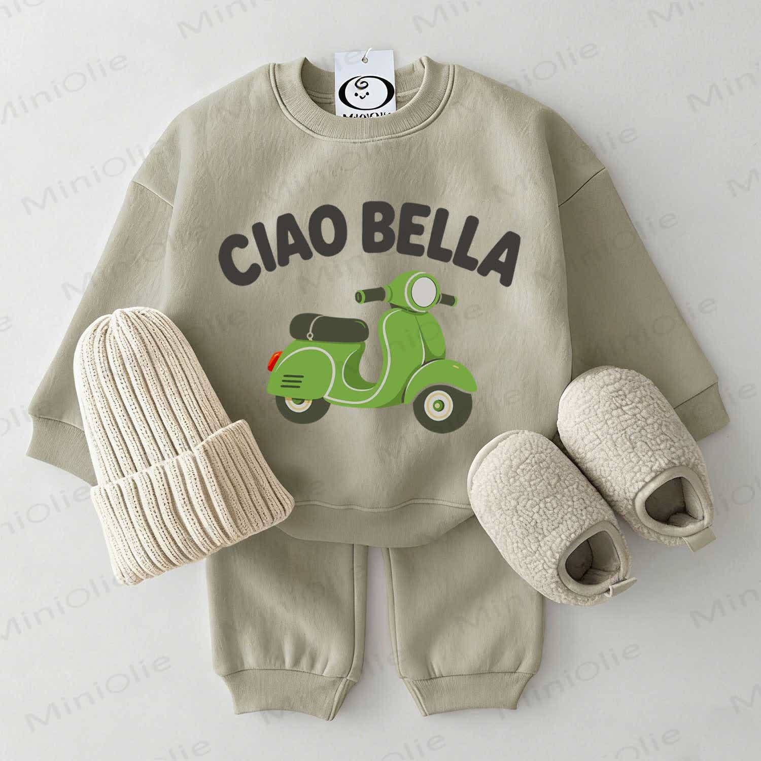 CIAO BELLA Baby Scooter Print Sweatsuit 2-piece Set - Grey Green - 2-3T - image 1
