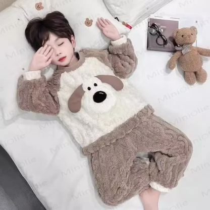 Toddler Puppy Teddy Fleece Winter Pajama 2-piece Set - Brown - 6-7T - image 3