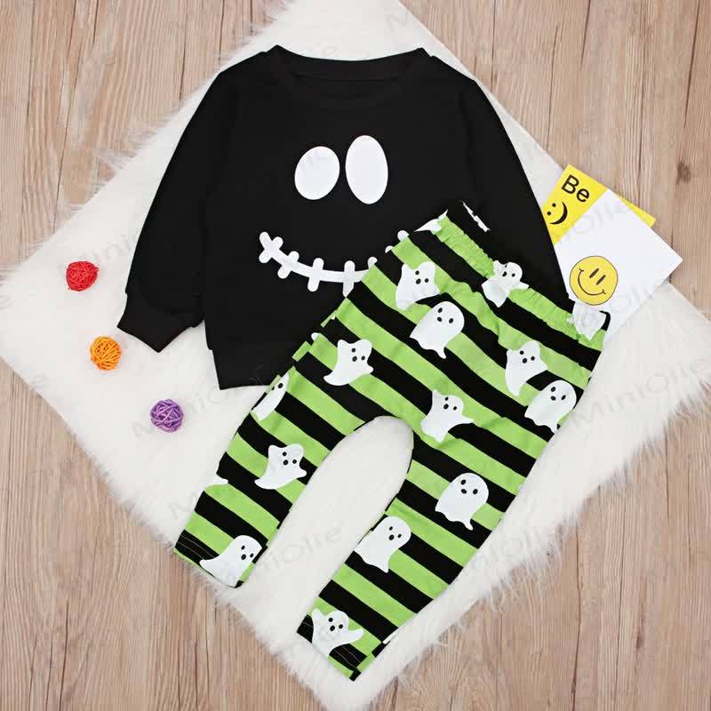 Toddler Boys Halloween Smiley Face Sweatshirt and Striped Pants 2-piece Set - Black - 4-5T - image 2