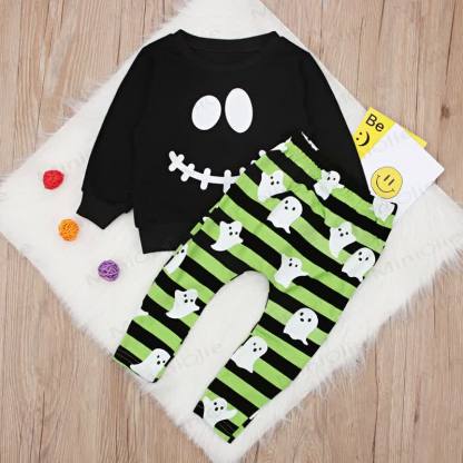 Toddler Boys Halloween Smiley Face Sweatshirt and Striped Pants 2-piece Set - Black - 4-5T - image 2