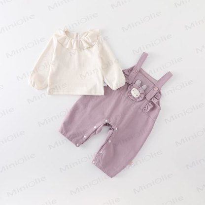 Baby White Ruffle Collar Top and Purple Bunny Overalls 2-piece Set - Purple - 2-3T - image 1