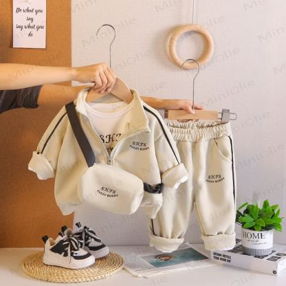 SHFS FUZZY BUDDY Toddler Boy Zip Jacket and Jogger with Bag 3-piece Set - White - 4-5T - image 2