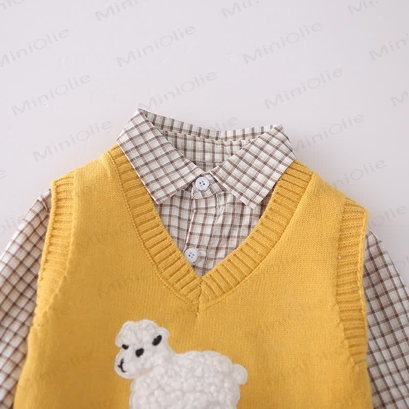 Toddler Baby Lamb Applique Knit Vest and Shirt 3-piece Set - image 4