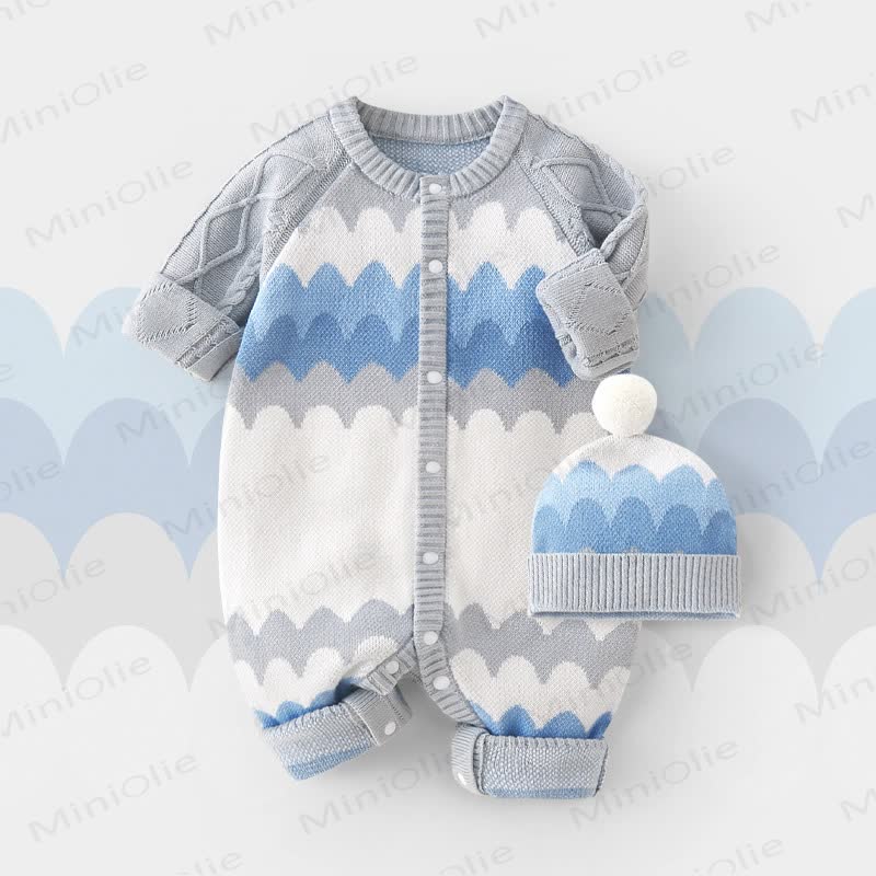 Baby Wave Stripe Knitted Romper and Hat - Blue - 18-24M - image 1