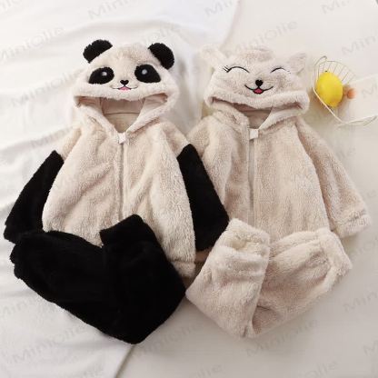 Baby Toddler Plush Animal Ear Hooded Jacket and Pants 2-piece Pyjama Set - image 1