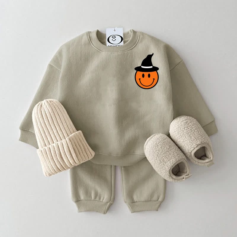 Baby Orange Smiley Face Beige Sweatshirt 2-piece Set - Grey Green - 2-3T - image 2