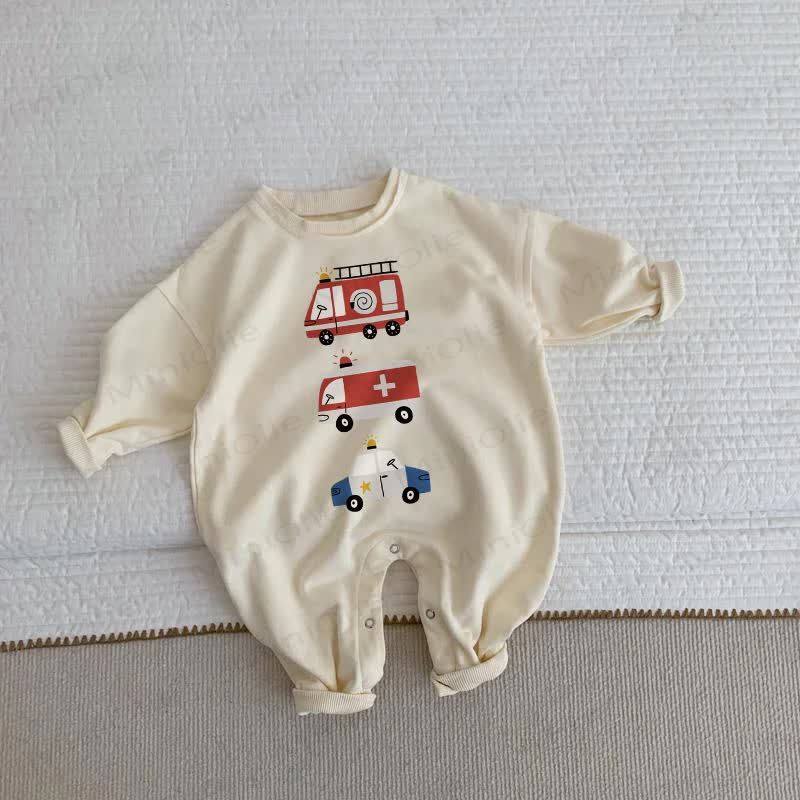 Baby Cartoon Emergency Vehicles Print Beige Romper - Beige - 2-3T - image 1