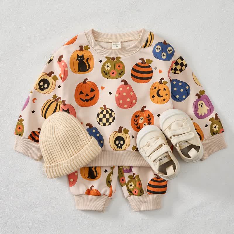 Baby Pumpkin Ghost Cat Print 2-piece Set - Beige - 3-5T - image 1