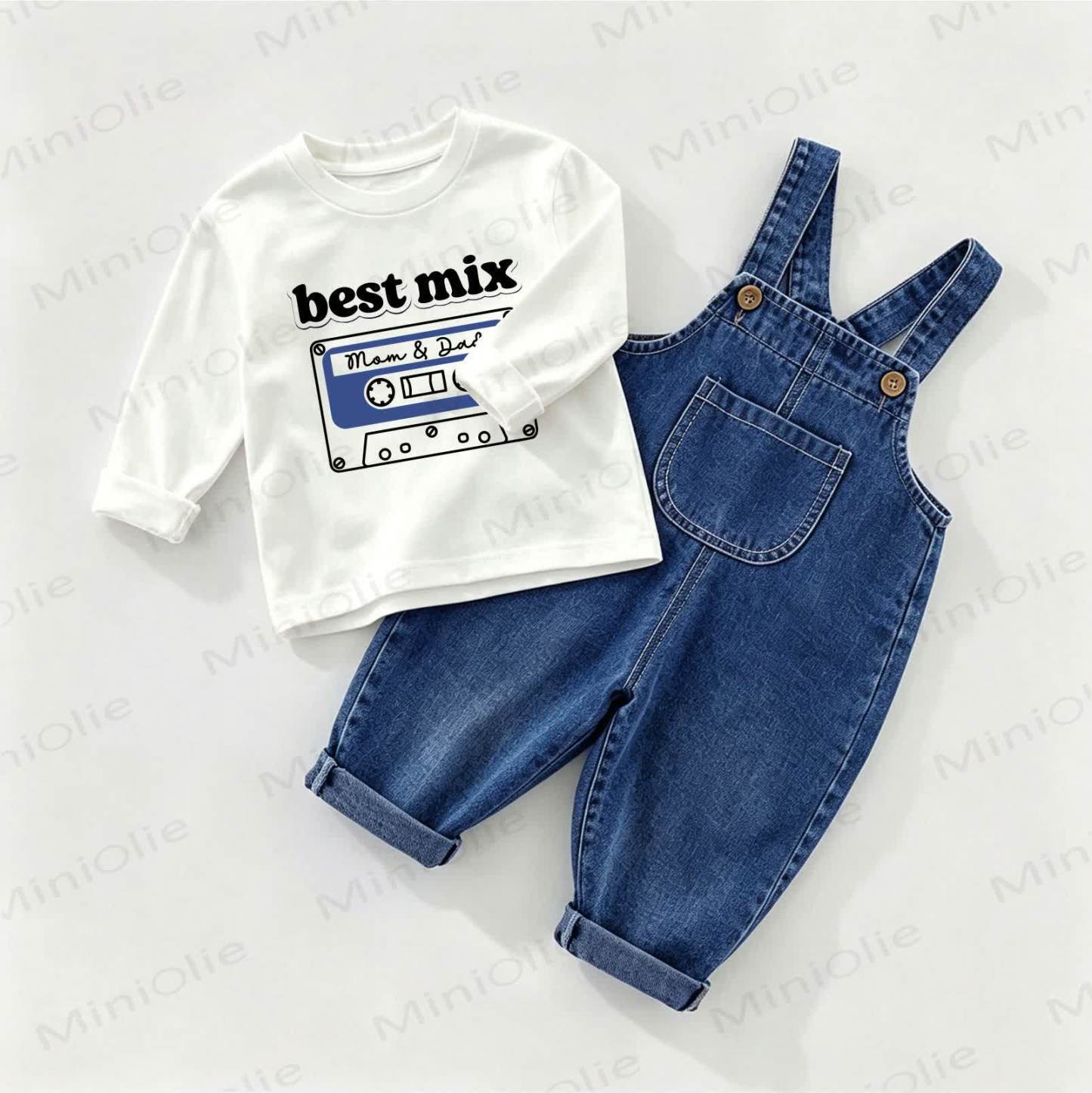 BEST MIX MOM & DAD Baby Denim Overalls and Tee 2-piece Set - White&Blue - 2-3T - image 1