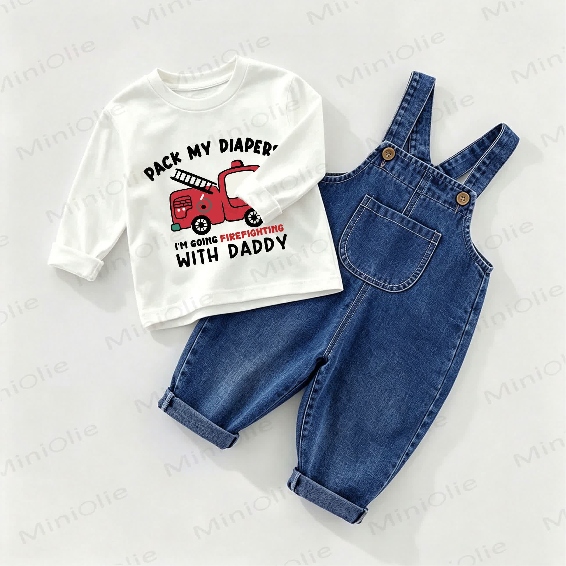 PACK MY DIAPERS I'M GOING FIREFIGHTING WITH DADDY Baby Denim Overalls and Tee 2-piece Set - White&Blue - 2-3T - image 1