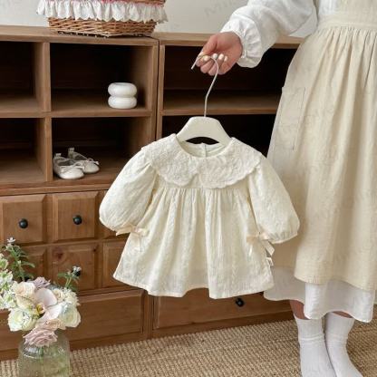 Baby Girl Embroidered Floral Peter Pan Collar Long Sleeve Dress - Beige - 6-7T - image 1