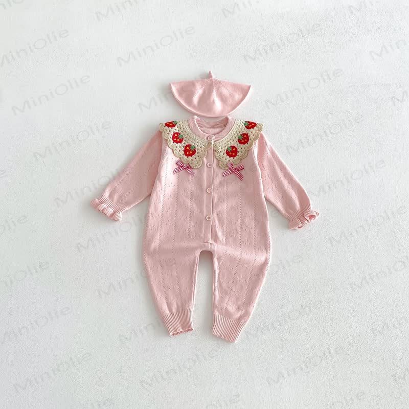 Baby Strawberry Collar Romper Beret Set - Pink - 18-24M - image 5