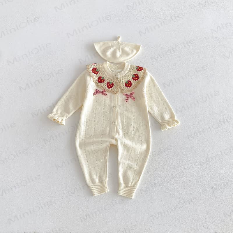 Baby Strawberry Collar Romper Beret Set - Beige - 18-24M - image 7