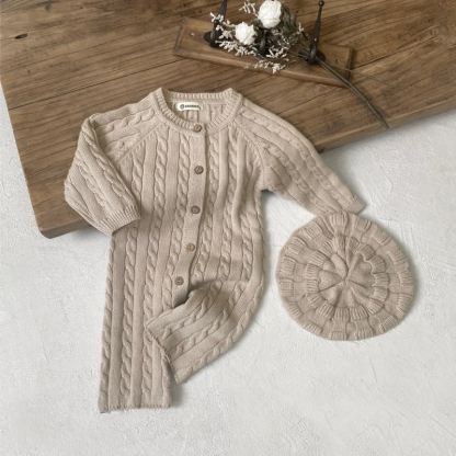 Baby Knit Button Front Romper with Hat - Oat - 18-24M - image 4