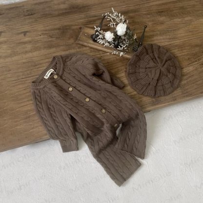 Baby Knit Button Front Romper Set - Coffee - 18-24M - image 5