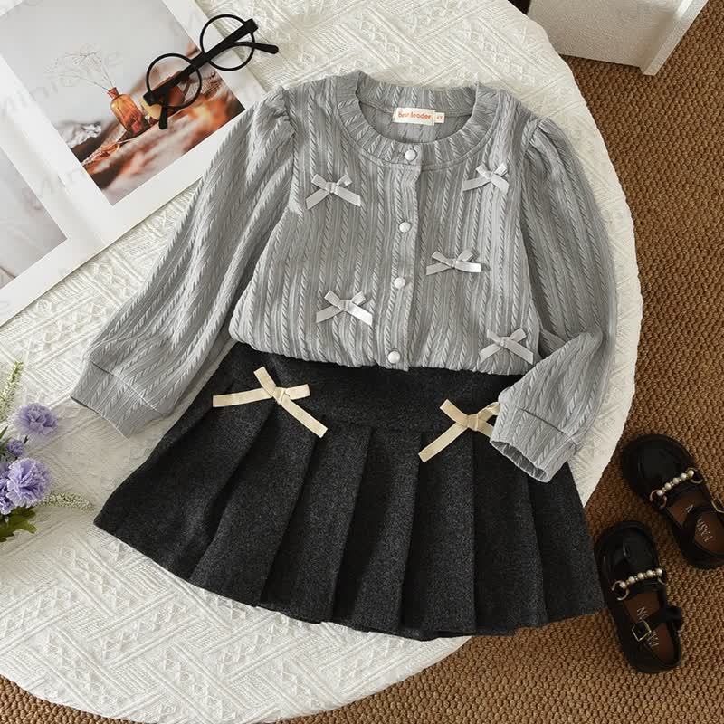 Toddler Girl Gray Bow Knit Cardigan and Pleated Skirt 2-piece Set - Gray - 7Y - image 1