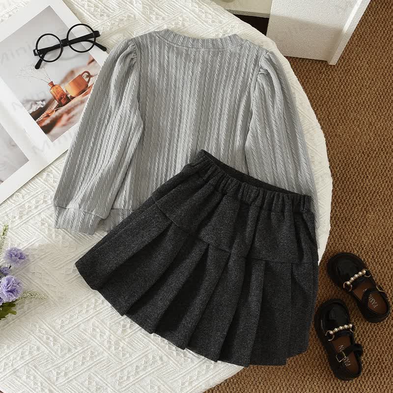 Toddler Girl Gray Bow Knit Cardigan and Pleated Skirt 2-piece Set - image 2