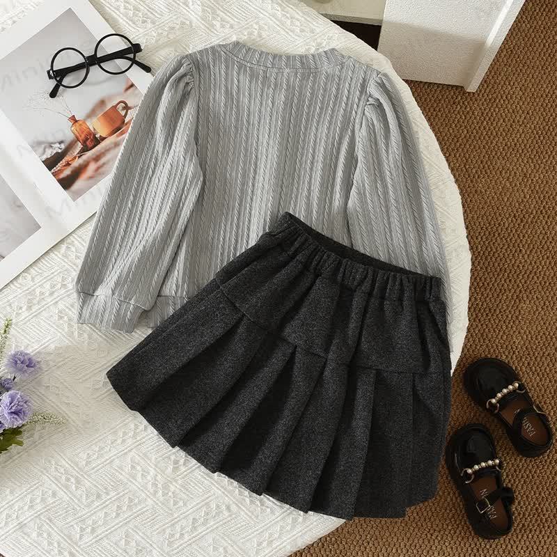 Toddler Girl Gray Bow Knit Cardigan and Pleated Skirt 2-piece Set - image 2