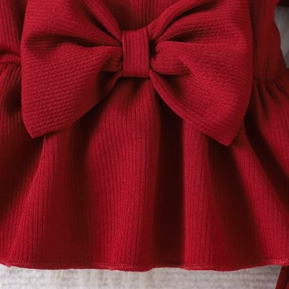 Baby Girl Red Ribbed Bow Peplum and Flare Pants 2-piece Set - image 4