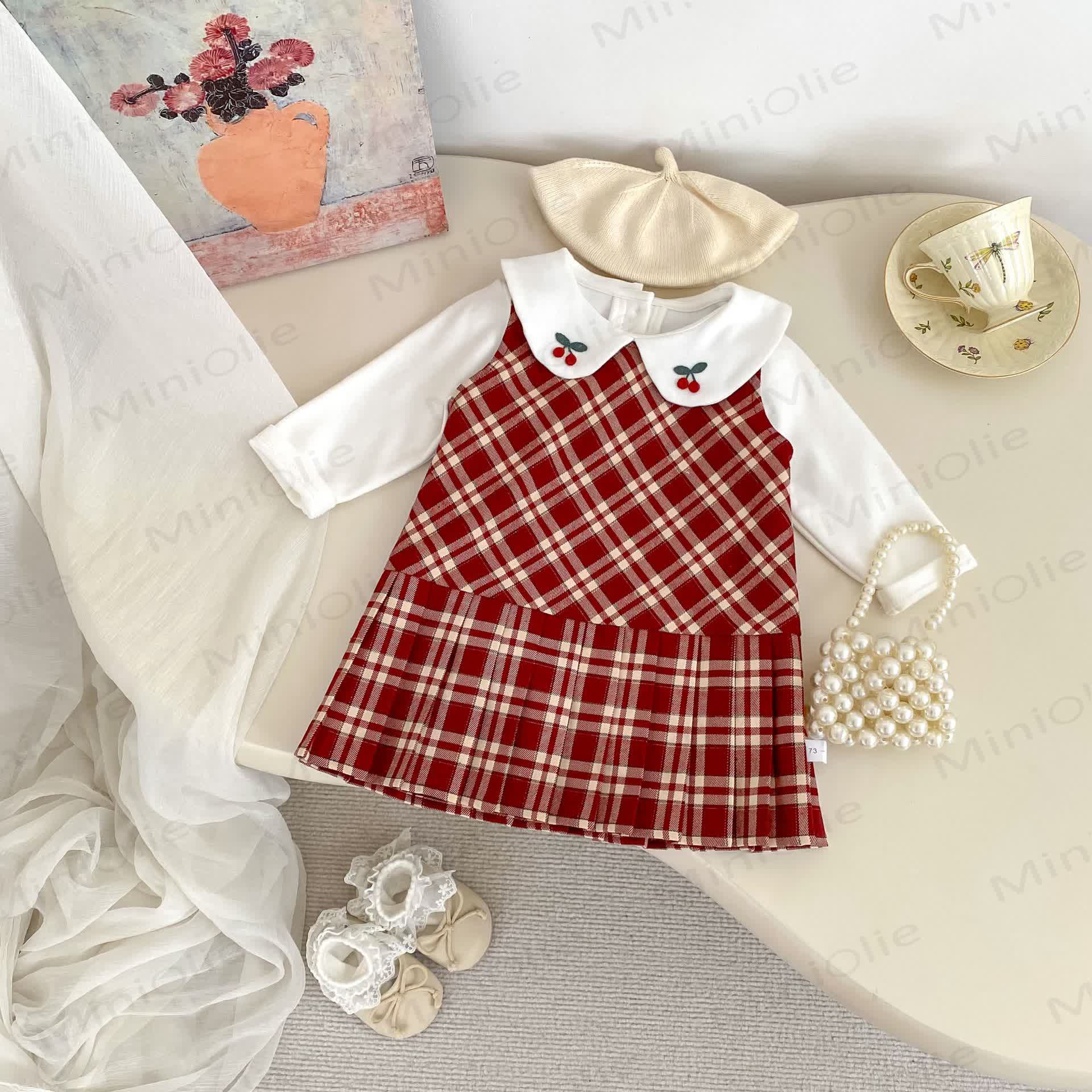 Baby Cherry Collar Red Plaid Dress Set - image 1