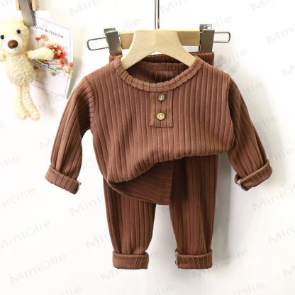 Toddler Ribbed Knit Henley 2-piece Pyjama Set - Brown - 8-9T - image 4