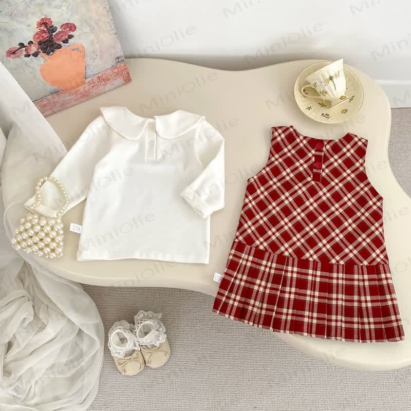 Baby Cherry Collar Red Plaid Dress Set - image 3