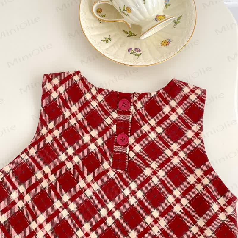 Baby Cherry Collar Red Plaid Dress Set - image 13