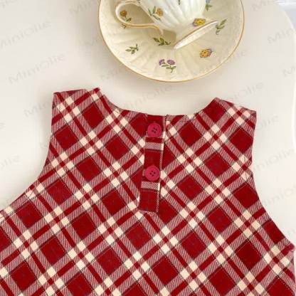 Baby Cherry Collar Red Plaid Dress Set - image 13