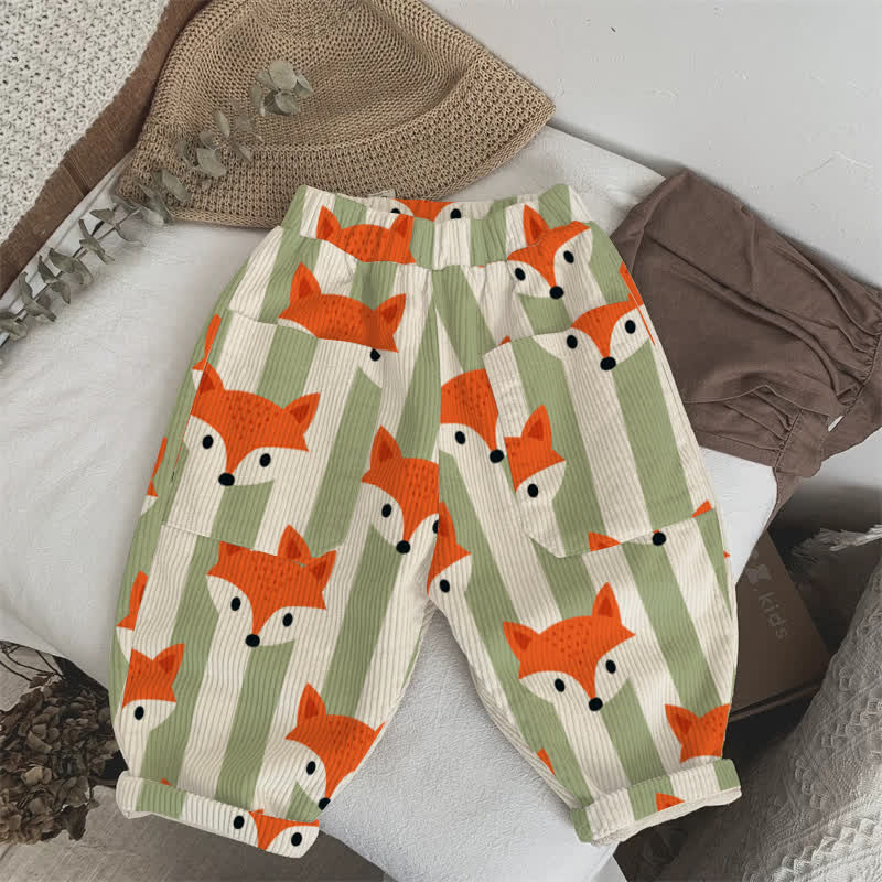 Baby Toddler Green Striped Fox Corduroy Pants - Green - 3-5T - image 1