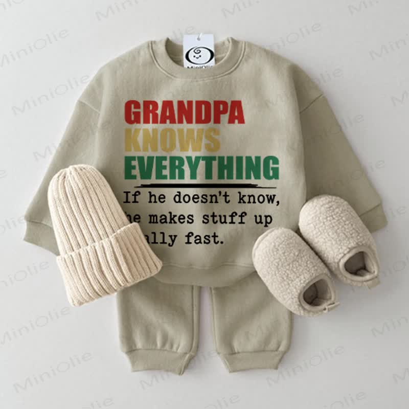 GRANDPA KNOWS EVERYTHING IF HE DOESN'T KNOW, HE MAKES STUFF UP REALLY FAST. Baby Sweatshirt 2-piece Grey Green Set - Grey Green - 2-3T - image 1