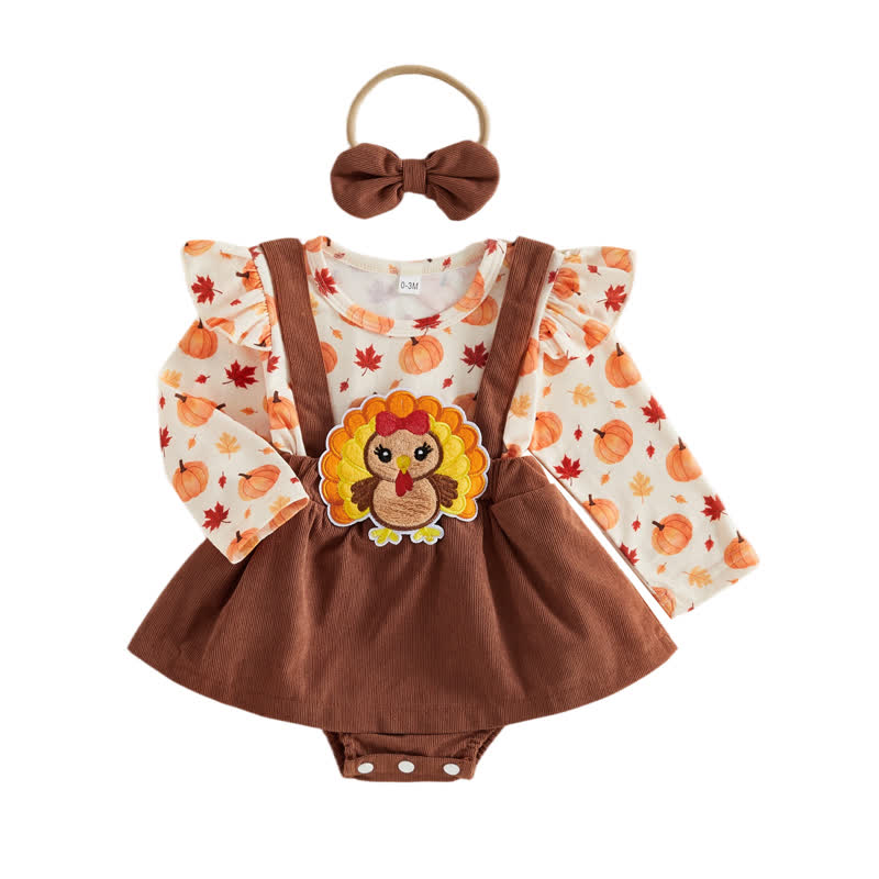 Baby Pumpkin Turkey Corduroy Suspender Bodysuit with Headband - image 9