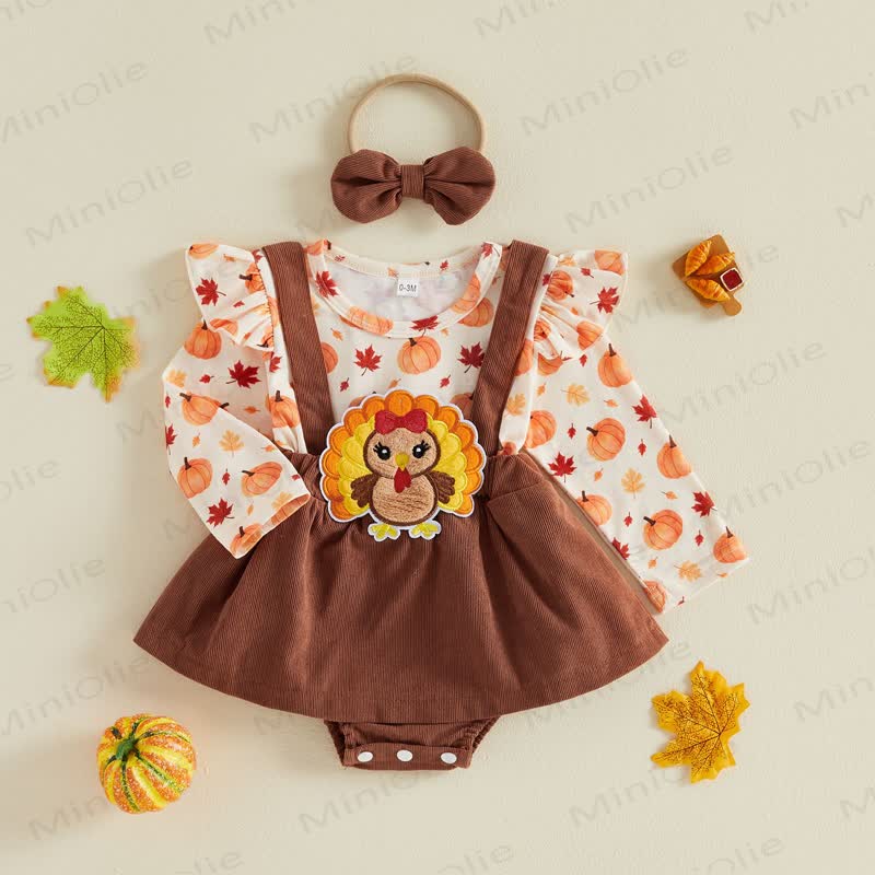 Baby Pumpkin Turky Corduroy Suspender Bodysuit with Headband - Brown - 12-18M - image 1