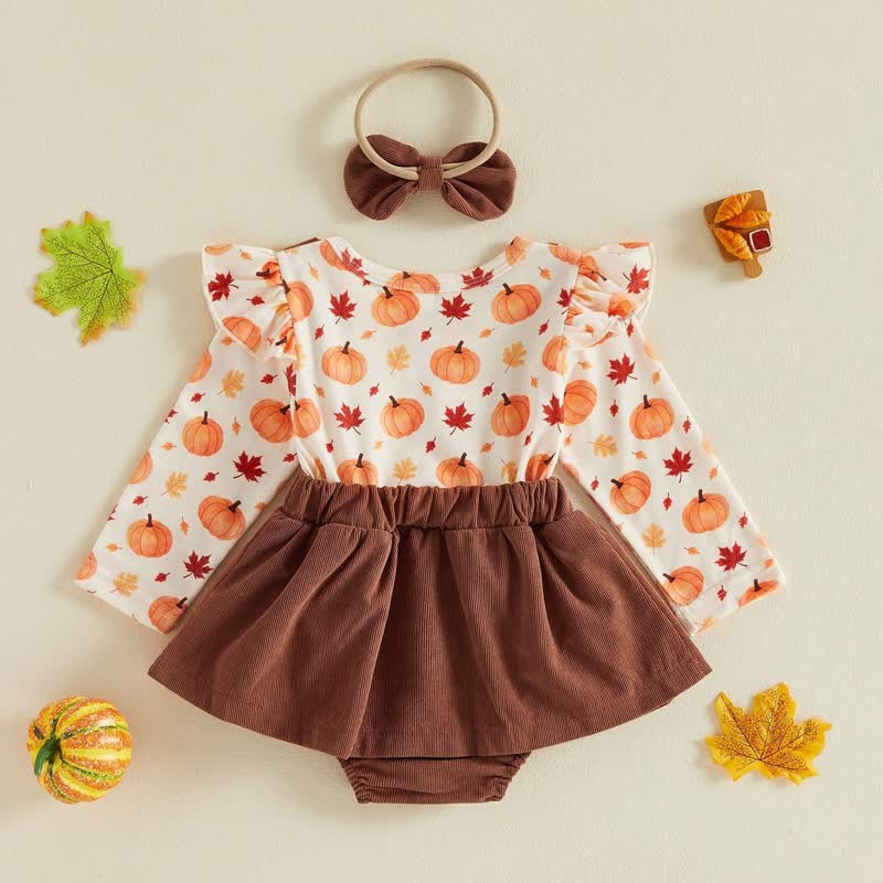 Baby Pumpkin Turkey Corduroy Suspender Bodysuit with Headband - image 3