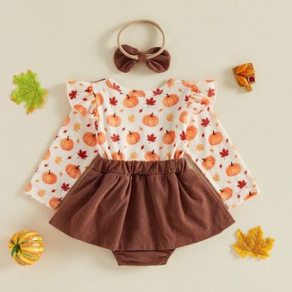 Baby Pumpkin Turkey Corduroy Suspender Bodysuit with Headband - image 3