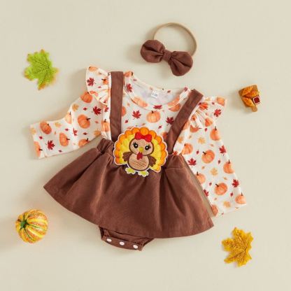 Baby Pumpkin Turkey Corduroy Suspender Bodysuit with Headband - image 2