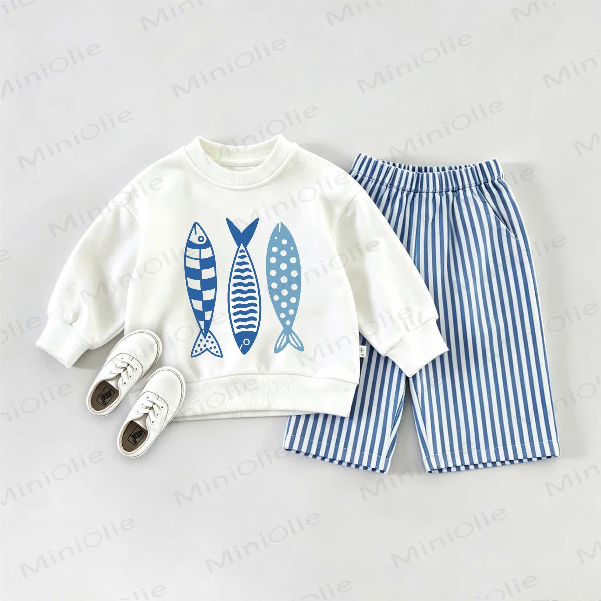 Baby Blue Fish Print Sweatshirt 2-piece Set - White&Blue - 2-3T - image 1