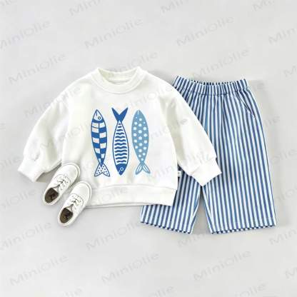 Baby Blue Fish Print Sweatshirt 2-piece Set - White&Blue - 2-3T - image 1