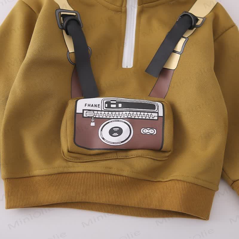 Toddler Boy Cartoon Camera Print Half Zip Sweatshirt and Denim Pants 2-piece Set - image 8