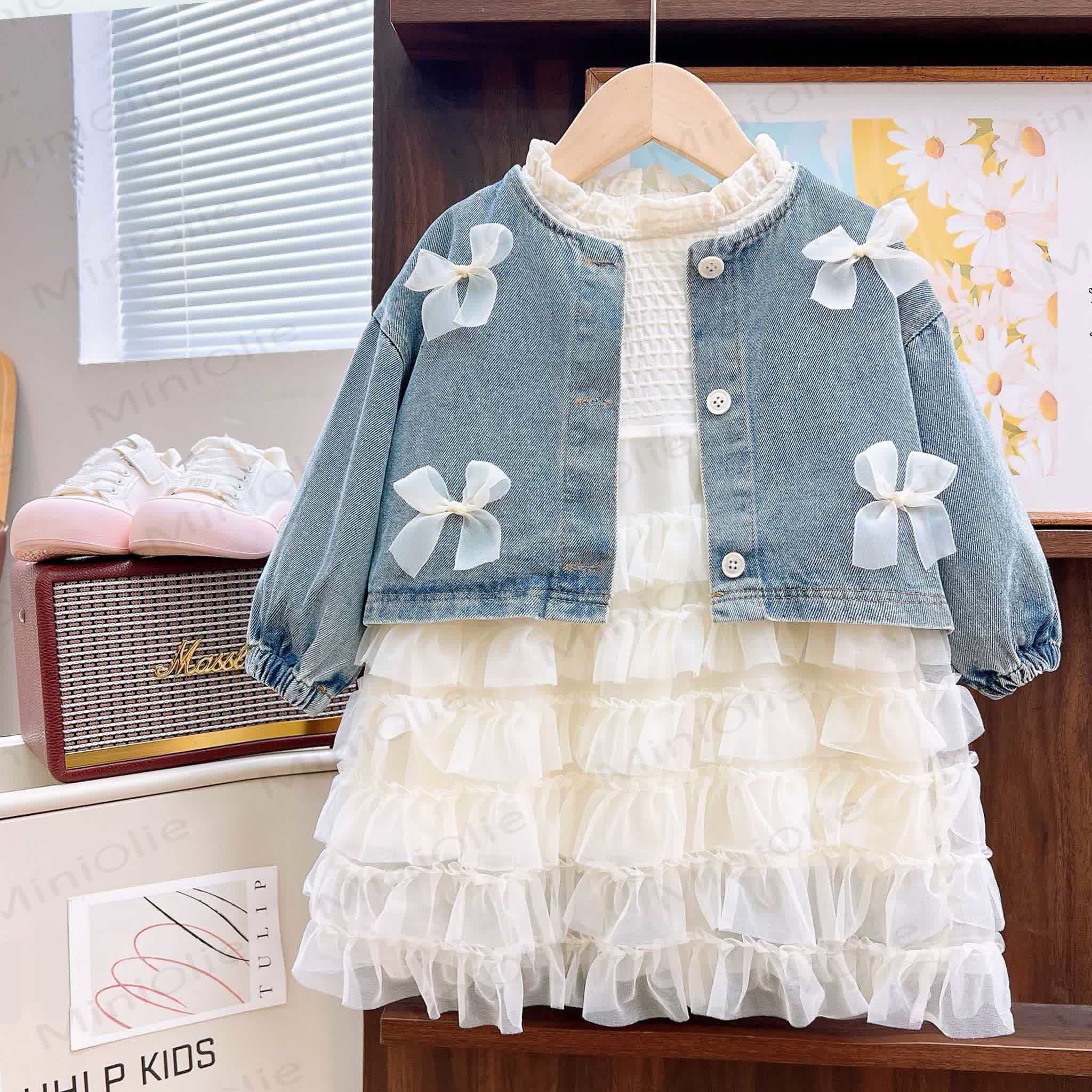 Toddler Girl Bow Denim Jacket Dress Set - Blue&White - 8-9T - image 1