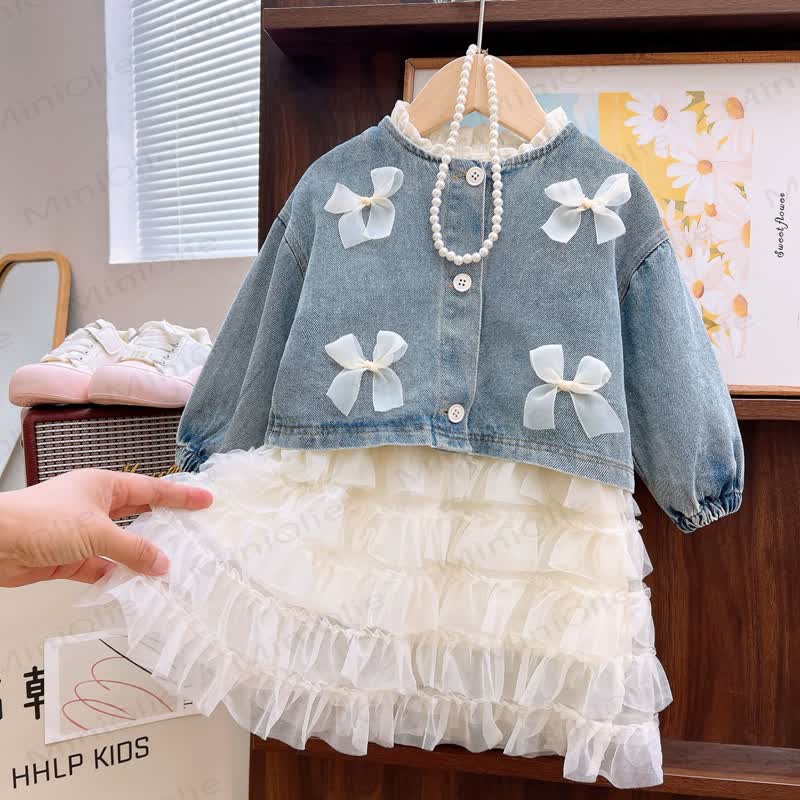 Toddler Girl Bow Denim Jacket Dress Set - image 3