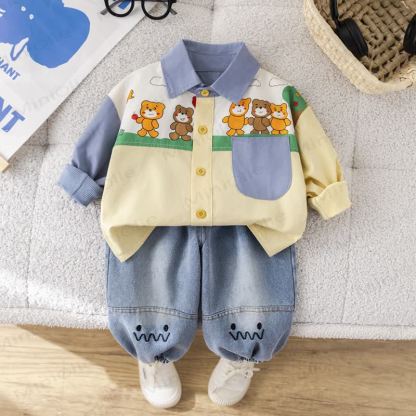 Toddler Baby Boy Bear Colorblock Shirt and Denim Jogger 2-piece Set - Blue - 4-5T - image 2