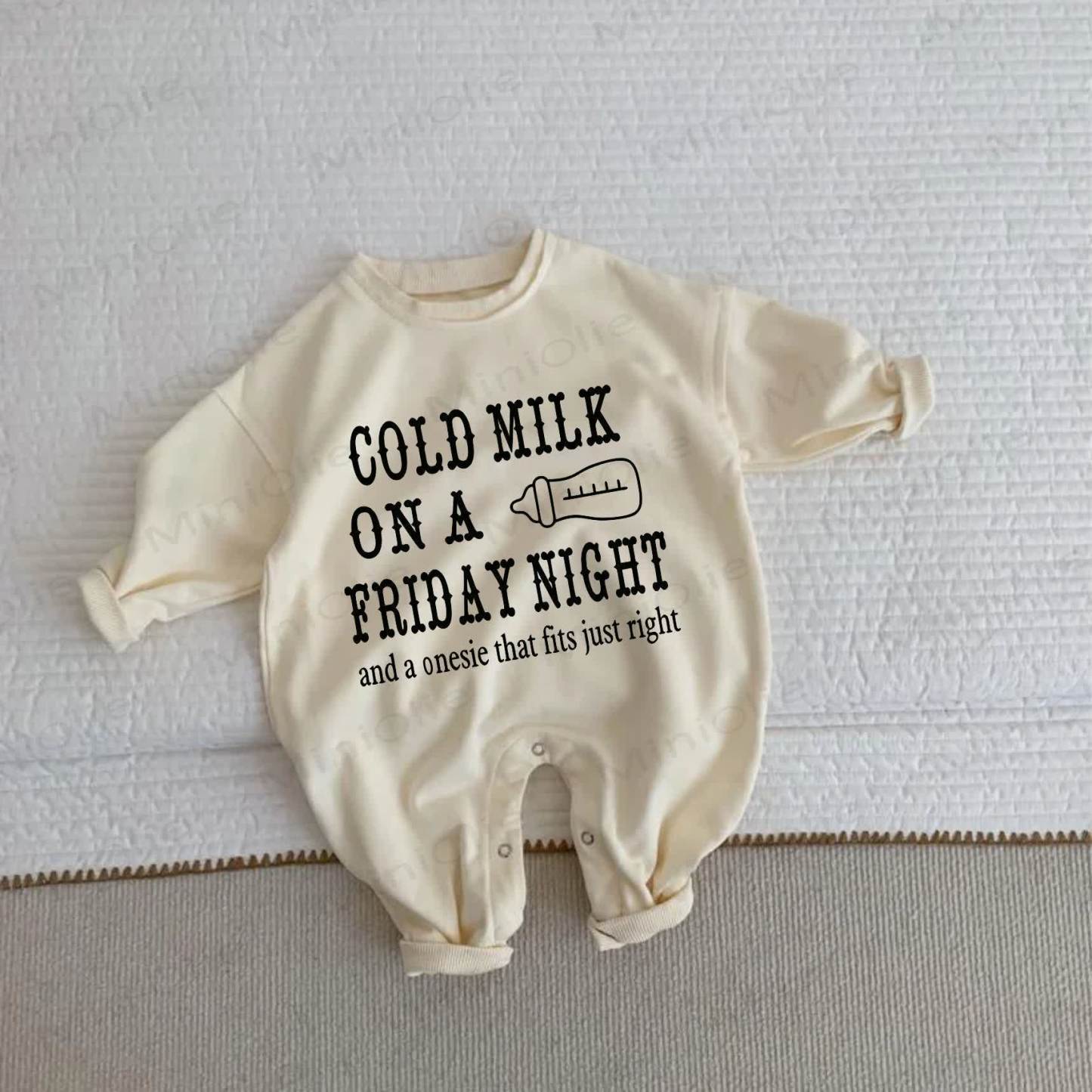 COLD MILK ON A FRIDAY NIGHT AND A ONESIE THAT FITS JUST RIGHT Baby Beige Romper - Beige - 2-3T - image 1