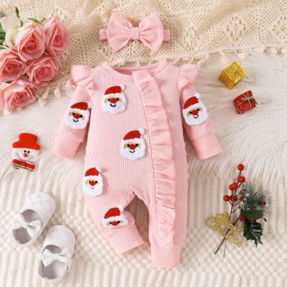 Baby Christmas Applique Romper with Bow - Pink - 3-6M - image 2