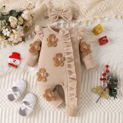Baby Christmas Applique Romper with Bow - Khaki - 3-6M - image 5