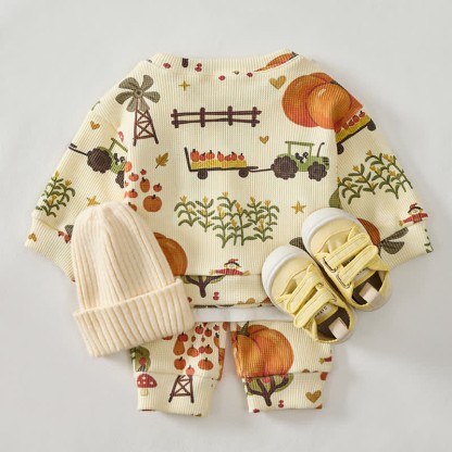 Baby Pumpkin Print Yellow Waffle Sweatshirt 2-piece Set - image 3