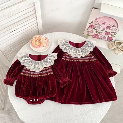 Baby Burgundy Velvet Lace Collar Dress and Bodysuit - image 1